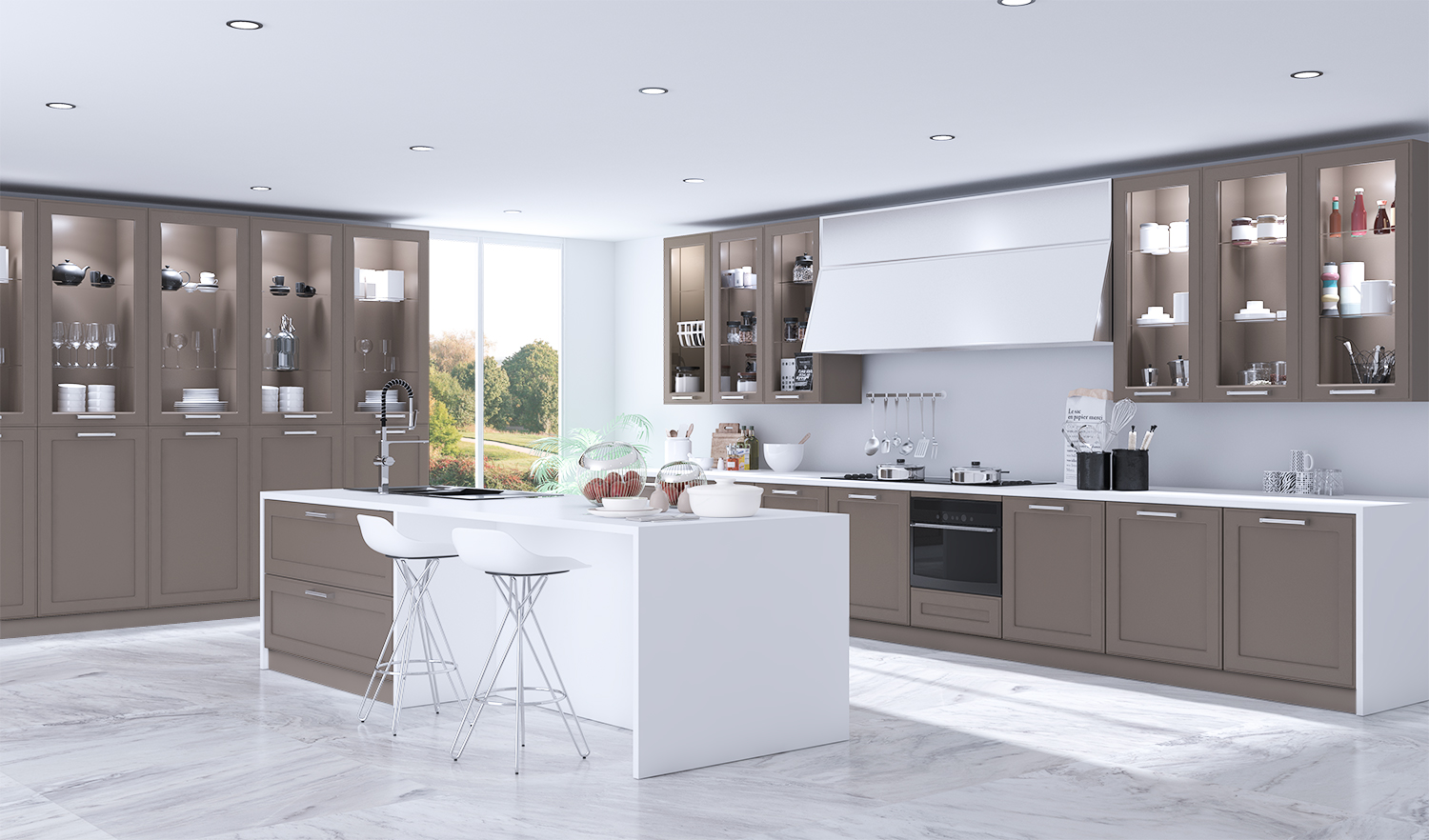 COCINA CON ISLA BLANCA Y VULCANO MATE